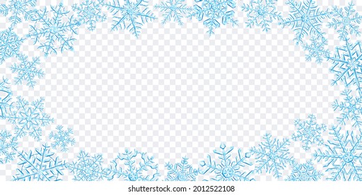 Ilustración de grandes complejos copos de nieve de Navidad traslúcidos en colores azul claro, localizados alrededor, aislados en un fondo transparente. Transparencia sólo en formato vectorial