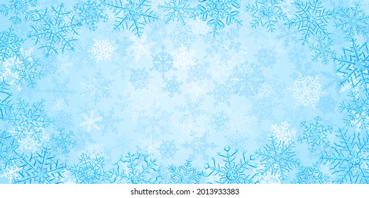 Illustration of big complex translucent Christmas snowflakes in light blue colors, located below, on background with falling snow
