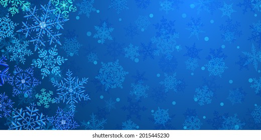 Illustration of big complex translucent Christmas snowflakes in blue colors, located on the left, on background with falling snow