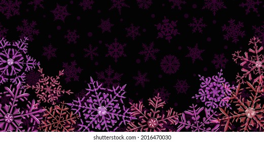 Illustration of big complex translucent Christmas snowflakes in red and purple colors, located below, on background with falling snow. Transparency only in vector format
