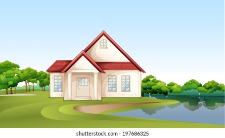 Illustration of a big concrete house near the river