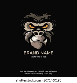 Illustration of a big and cool gorilla face. The face of the gorilla who saw sharply. Logo with gorilla head shape