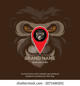 Illustration of a big and cool gorilla face. The face of the gorilla who saw sharply. Logo with a gorilla head shape and a bullet point sign