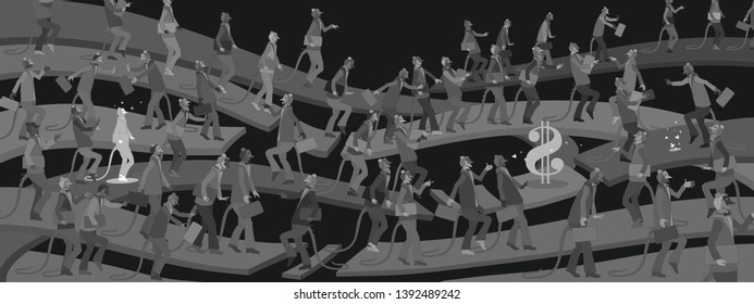Illustration of a big crowd of corporate office people in gray suits,with mouse masks on their heads, only one of them is in white suit, butterflies are flying around him and around the dollar sign