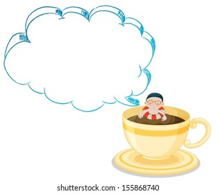 Illustration einer großen Tasse mit Choco-Drink und einem Jungen, der auf weißem Hintergrund schwimmt