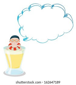 Ilustración de una taza grande con un muchacho que tiene un casco vacío en un fondo blanco