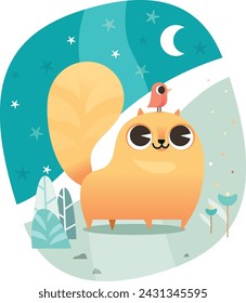 Illustration of a big, cute, orangey-yellow cat and his best friend, a little bird, a night landscape with the moon shining, the characters smile and enjoy their priceless friendship.