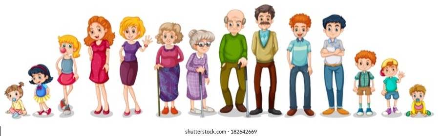 Illustration of a big extended family on a white background