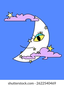 a illustration of big eyes crescent moon smiling