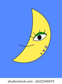 a illustration of big eyes crescent moon smiling