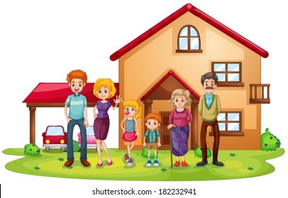 Ilustração de uma grande família na frente de uma casa grande em um fundo branco