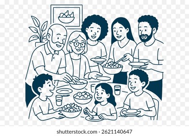 illustration of A big family meal, everyone serving food and smiling