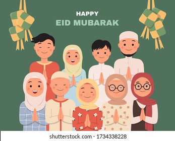 Illustration of big family say happy eid mubarak with ketupat decoration. Flat style vector design