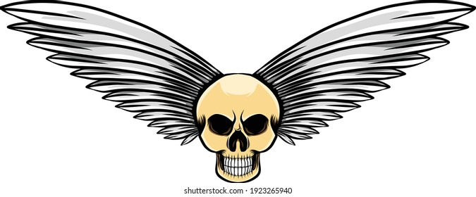 The illustration of the big feather in the vintage dead skull