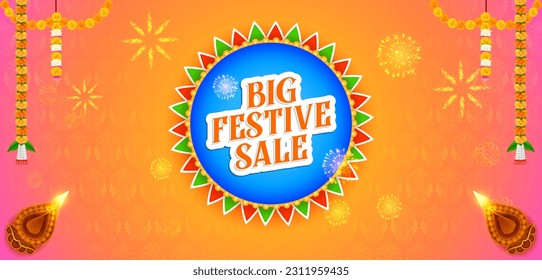 ilustración de Big Festival Sale y fondo de banner de promoción para publicidad en la celebración de feriados de India