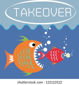 Illustration Of Big Fish Eats The Small As Takeover Concept,Vector