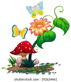 Illustration of a big flower near the mushroom with two butterflies on a white background