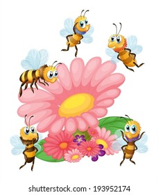 Illustration of a big flower surrounded with bees on a white background