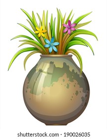 Illustration of a big flowervase with flowering plants on a white background