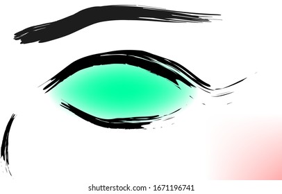 illustration of a big green eye drawn with a brush, face contouring, eyebrow, white background