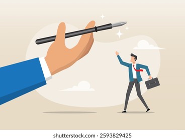 An illustration of a big hand giving a fountain pen to a smart confident businessman. Career opportunity, job promotion, empowerment, and courage for leadership concept