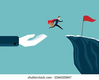 illustration of big hand help businessman jump to red flag at cliff business concept