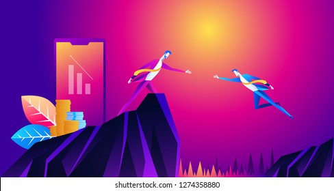 illustration of big hand help businessman jump to goal at cliff business teamwork concept