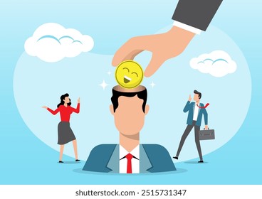 An illustration of A big hand places a smiling face in a human brain stock. Increase work motivation Change your mind, think positive, be creative. Add a new attitude to work Drive business. 