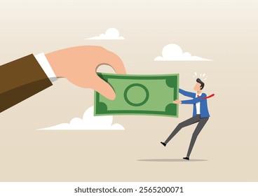 An illustration of big hand pulling money banknote tug of war with small businessman. Fight for money, government asking for tax payment, financial problem, pay off debt or bills concept