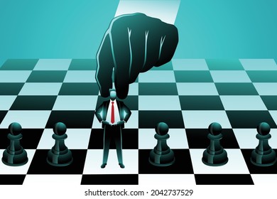 Illustration of big hand using tiny businessman as a pawn on chessboard