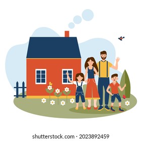 Illustration of a big happy family standing next to their house. Smiling and waving hands. Portrait of the family of different generations. Flat vector illustration.