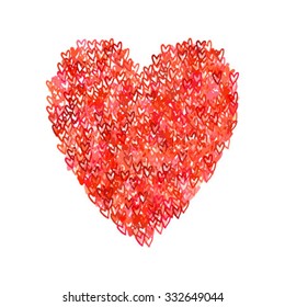 Illustration of big heart shape filled with colorful small hand drawn hearts. Concept of love, care, union, charity, donation, global community, help. Vector print background for Valentines Day.