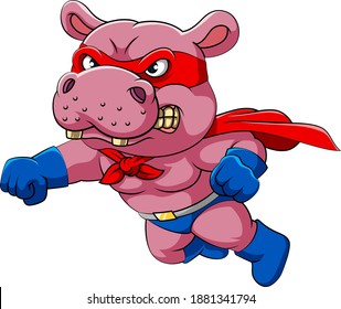 The illustration of the big hippopotamus wearing red mask with flying pose