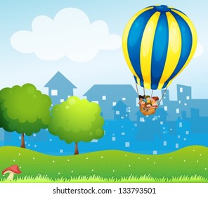 Illustration of a big hot air balloon above the hill