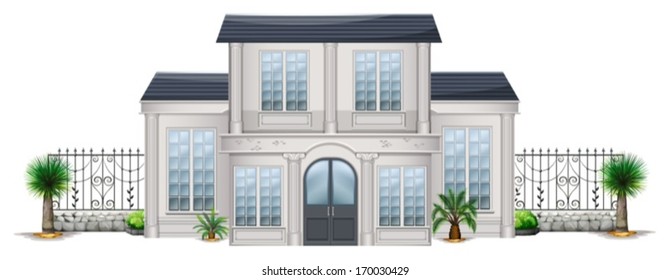 Illustration of a big house with palm plants on a white background