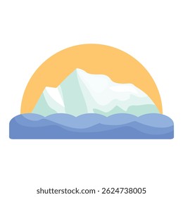 Ilustração de um grande iceberg flutuando na água sob um céu de pôr do sol