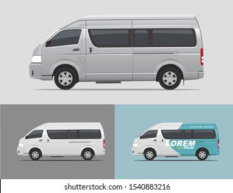 Illustration of big japanese passenger van with long wheelbase and high deck vector set collection for branding luxury hotel and airport transport