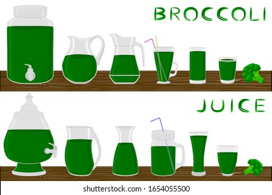 Illustration from big kit different types pitcher, broccoli jugs various size. Pitcher consisting of organic plastic jugs for fluid broccoli. Jugs bright broccoli it pitcher on wooden kitchen table.