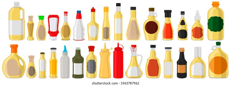 Illustration big kit varied glass bottles filled liquid white wine vinegar. Bottles consisting from white wine vinegar, empty labels for titles. White wine vinegar in full bottles with plastic cork.