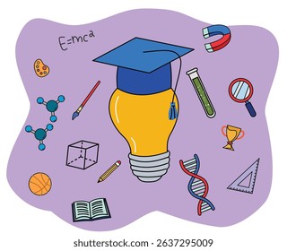 illustration of big lamp wearing graduation cap surrounded by education equipment icon. education background with education elements. back to school illustration. education illustration