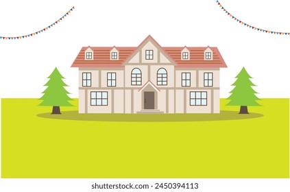 Illustration of a big mansion with a pink roof