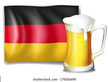 Illustration of a big mug with cold beer in front of the German flag on a white background
