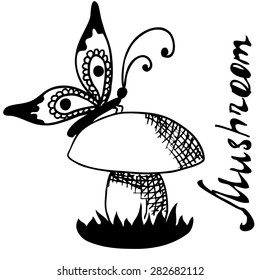 Illustration of a big mushroom with butterfly on a white background