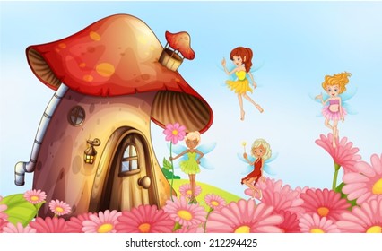 Illustration of a big mushroom house with fairies