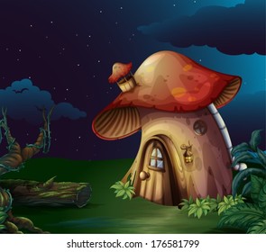 Illustration of a big mushroom house at the forest