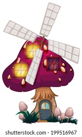 Illustration of a big mushroom house with a windmill on a white background