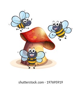 Illustration of a big mushroom plant with three bees on a white background