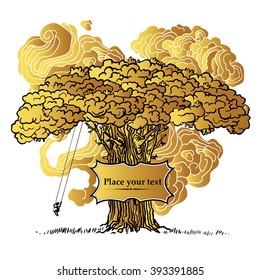 Illustration with big oak tree and child swinging on a swing. Beautiful powerful oak on clouds background. Can be used to book design, decorative paper, web design, card, wallpaper, etc.