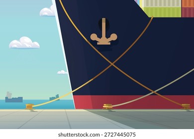 illustration of big ocean cargo ship docked at port tied with mooring cables at sunny day