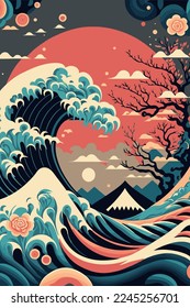 illustration big ocean wave with sun poster in japanese style vector for wall art print design template